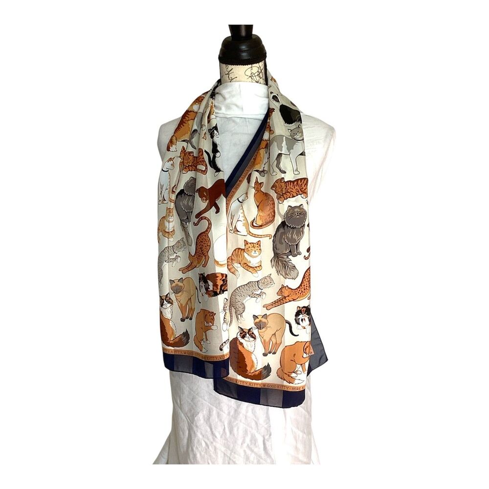 Vintage 80s/90s Basha Here Kitty Kitty Good Kitty Cat Lover Scarf